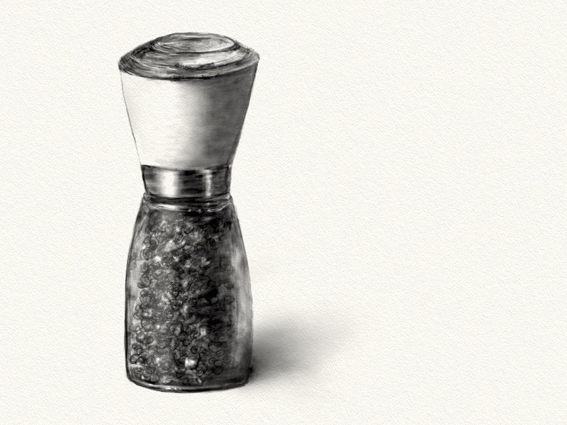 Digital pencil sketch of a black pepper grinder.
