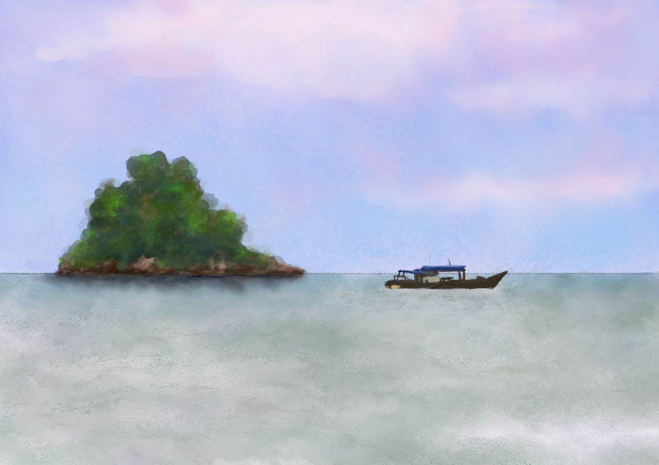 Digital painting of boat island.