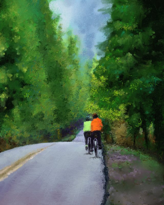 Cycling into a pines vista.