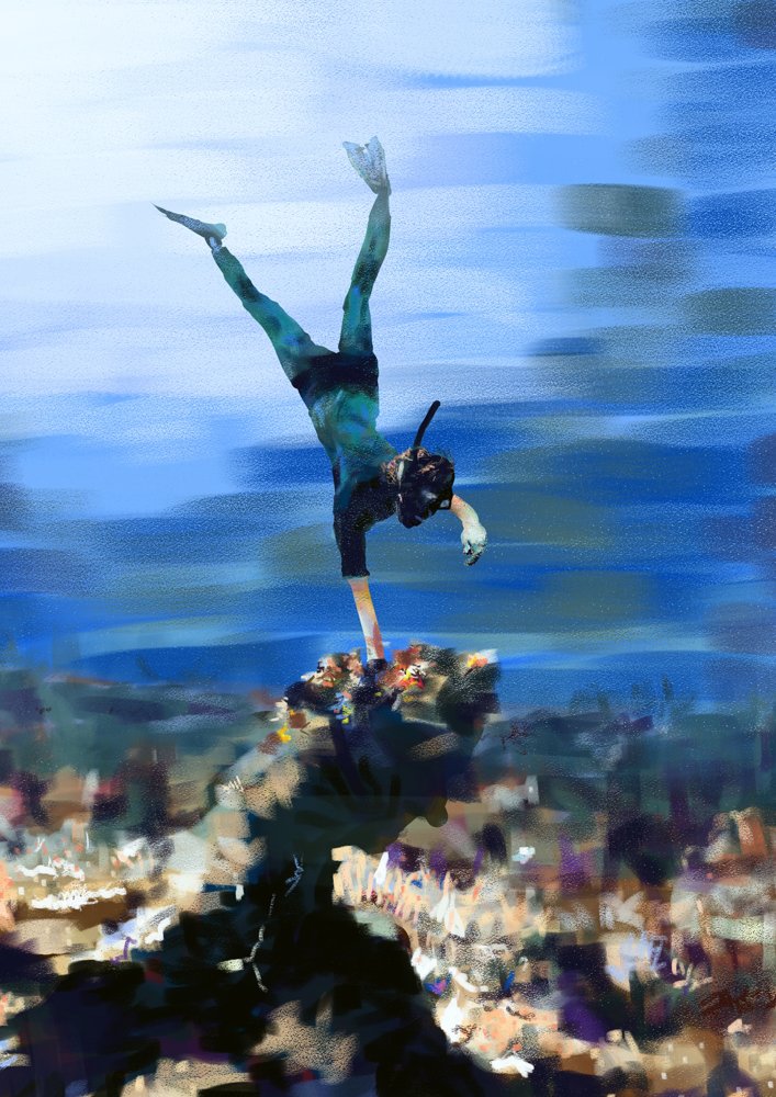 Diver reaches into corals.