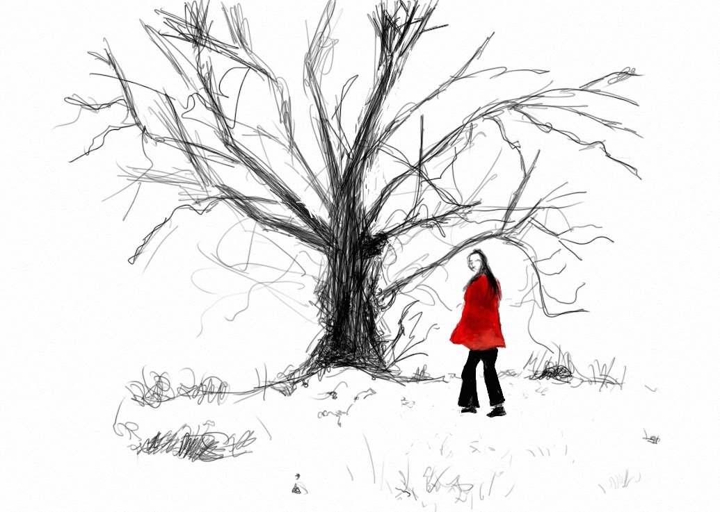 Girl in red walks toward tree.