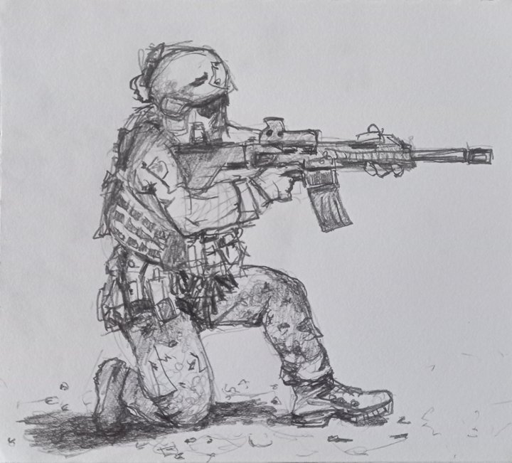An American soldier kneeled to shoot. A pencil drawing.